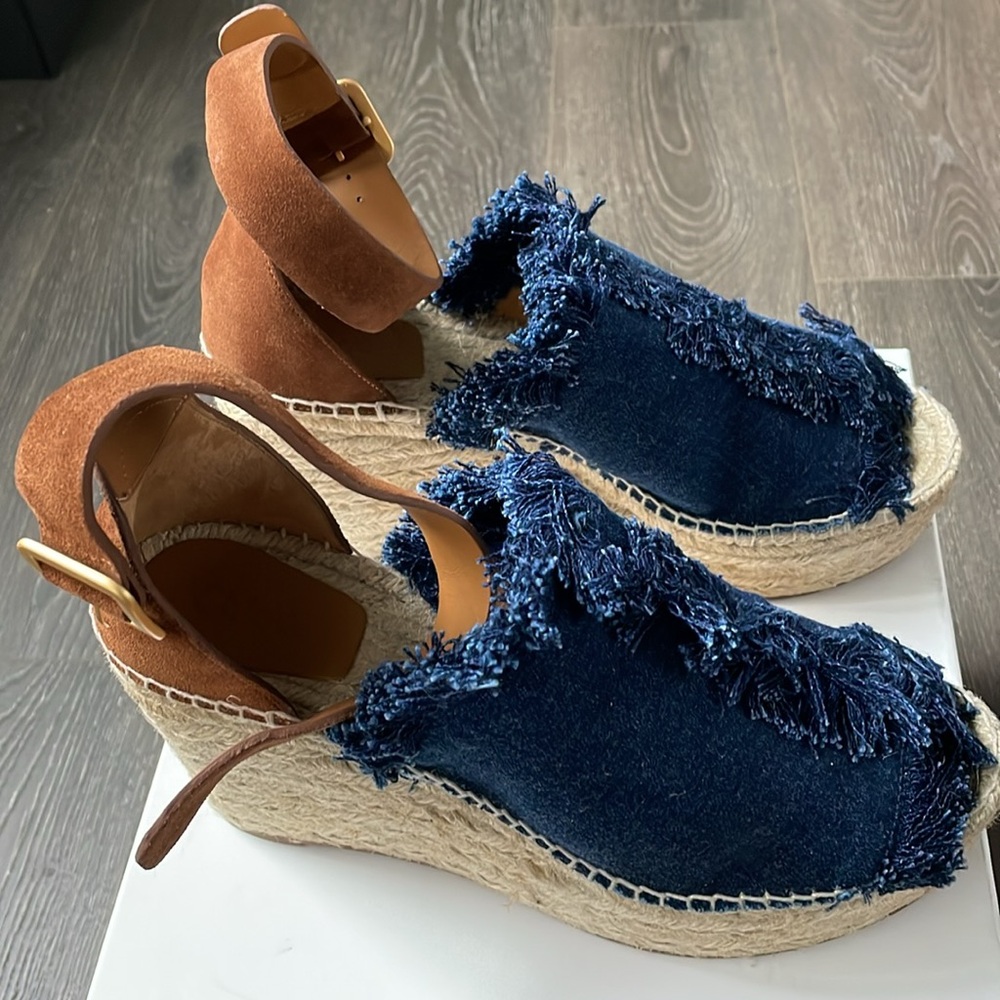 NWT Chloe Dark Blue Denim Brown Suede Espadrille Shoes Size 41